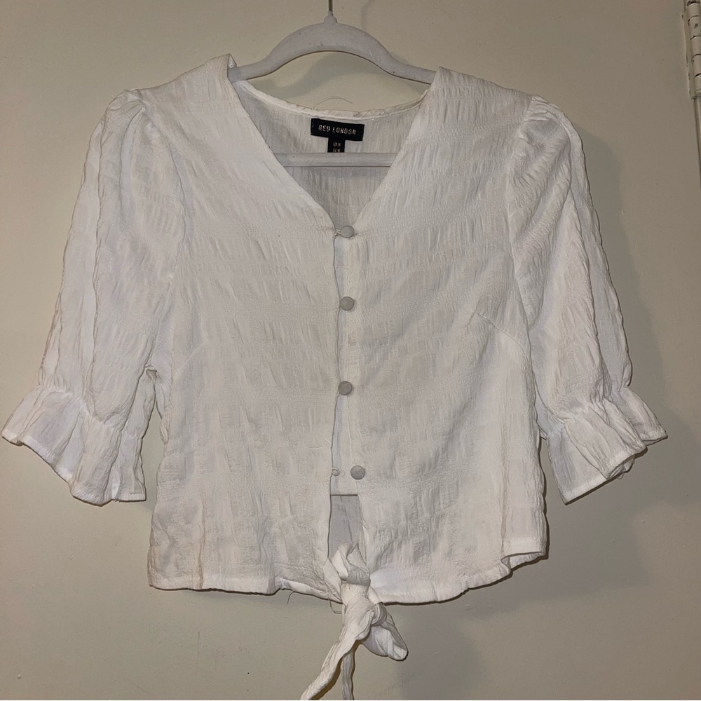 Tie Front Puff Sleeve White Blouse